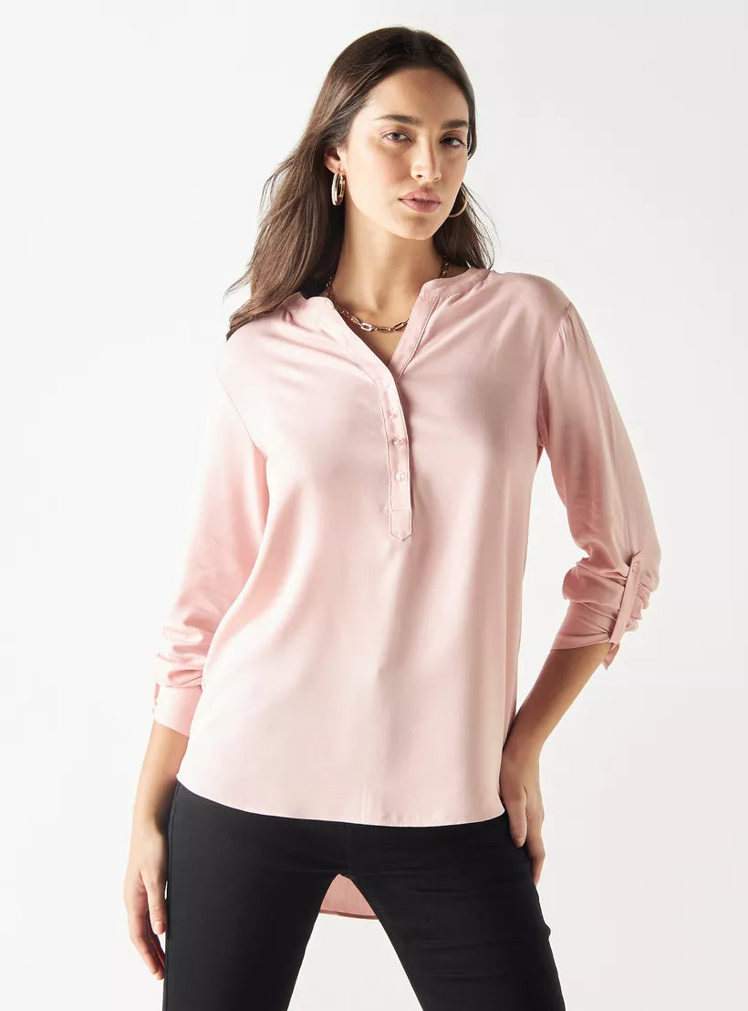 Splash High-Low Top with Roll-Up Sleeves and Mandarin Collar