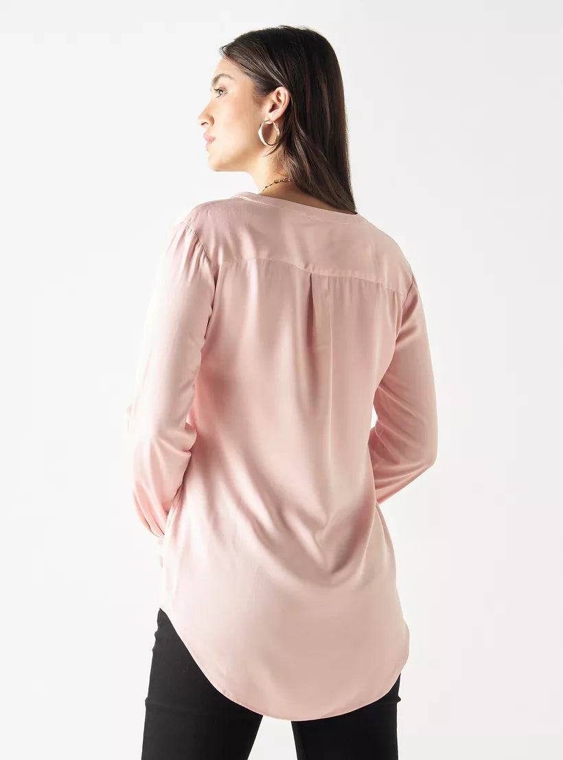 Splash High-Low Top with Roll-Up Sleeves and Mandarin Collar