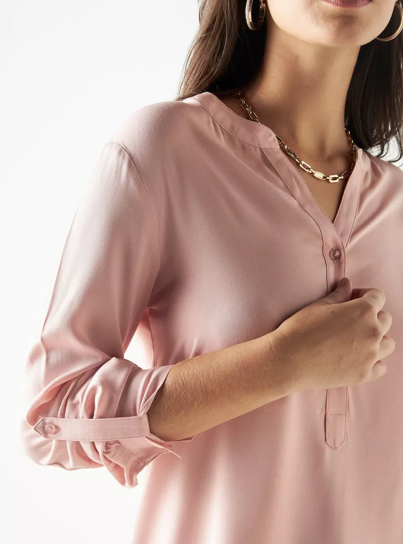 Splash High-Low Top with Roll-Up Sleeves and Mandarin Collar