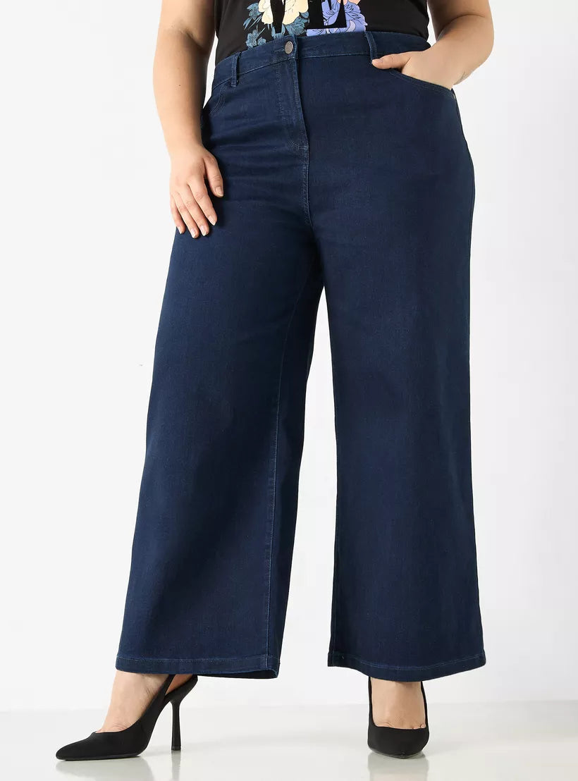 Splash Plus Size Ulla Popken Solid Wide Leg Jeans with Button Closure
