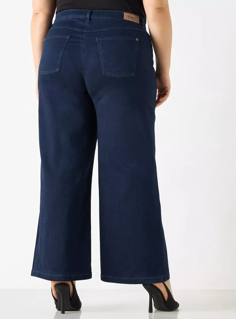 Splash Plus Size Ulla Popken Solid Wide Leg Jeans with Button Closure