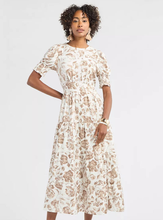 Splash Floral Print Midi Dress with Smocked and Lace Detail