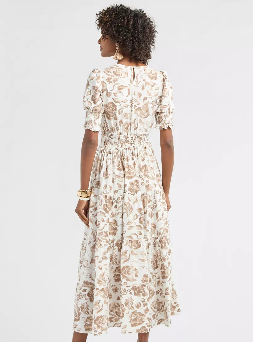 Splash Floral Print Midi Dress with Smocked and Lace Detail