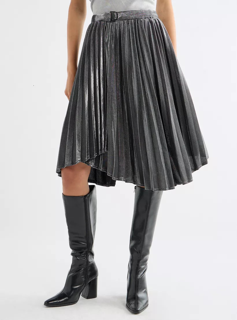 Splash Pleated Asymmetric Skirt with Buckle Accent