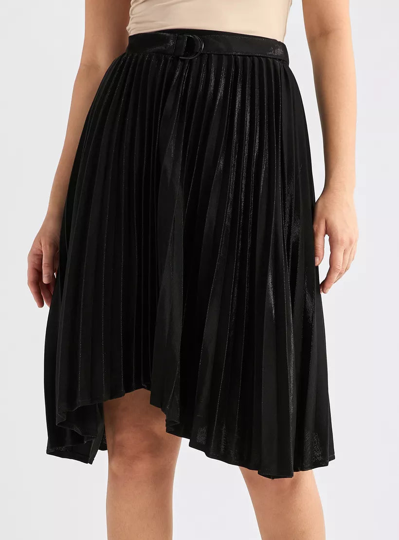 Splash Pleated Asymmetric Skirt with Buckle Accent