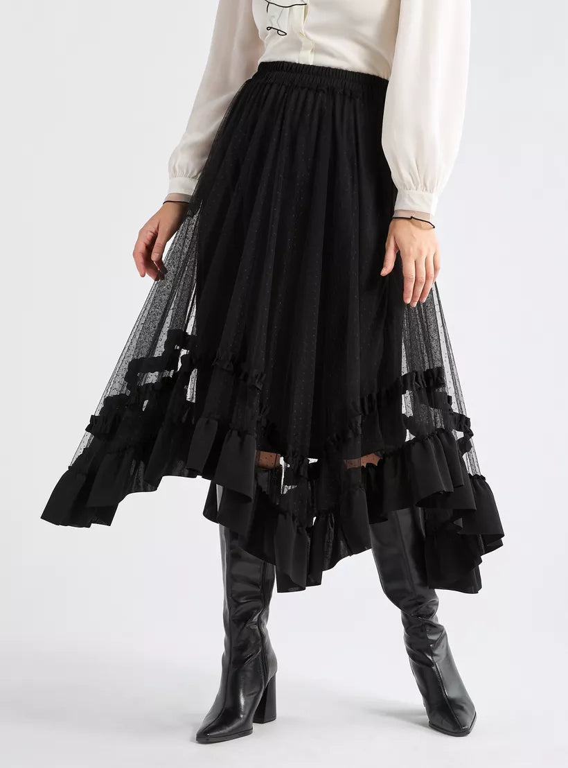 Splash Textured Asymmetric Skirt with Ruffle Detail