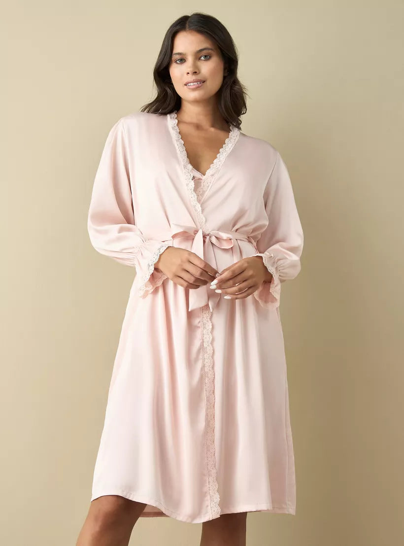 Splash Lace Detail Robe with Tie-Up Belt and Slip Dress