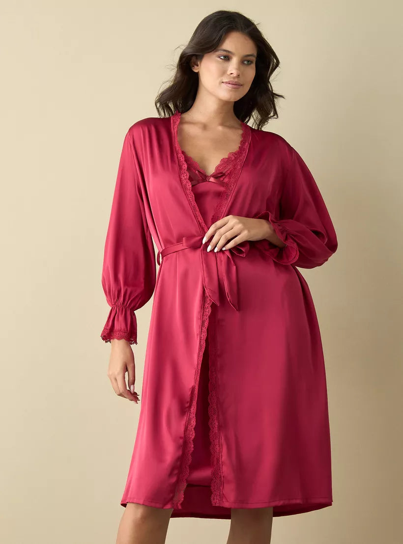 Splash Lace Detail Robe with Tie-Up Belt and Slip Dress