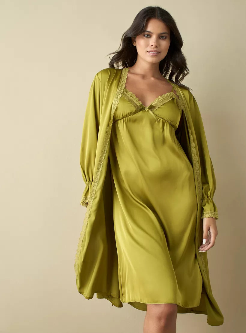 Splash Lace Detail Robe with Tie-Up Belt and Slip Dress