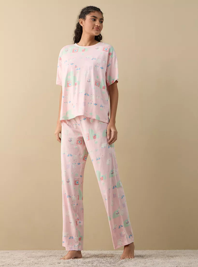 Splash Printed Short Sleeves T-shirt and Pyjama Set