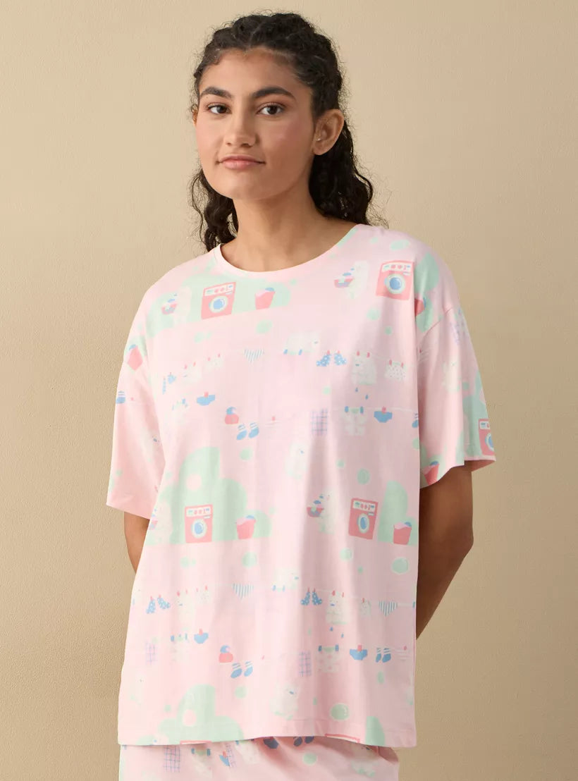 Splash Printed Short Sleeves T-shirt and Pyjama Set