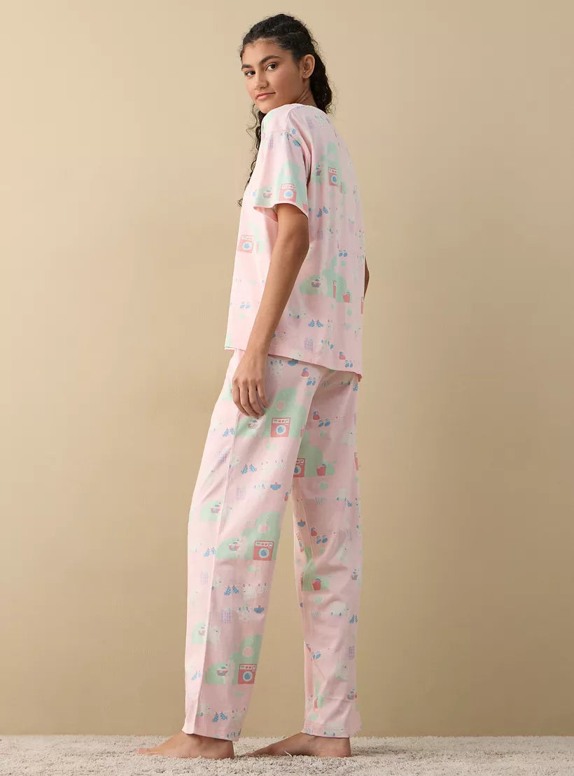 Splash Printed Short Sleeves T-shirt and Pyjama Set