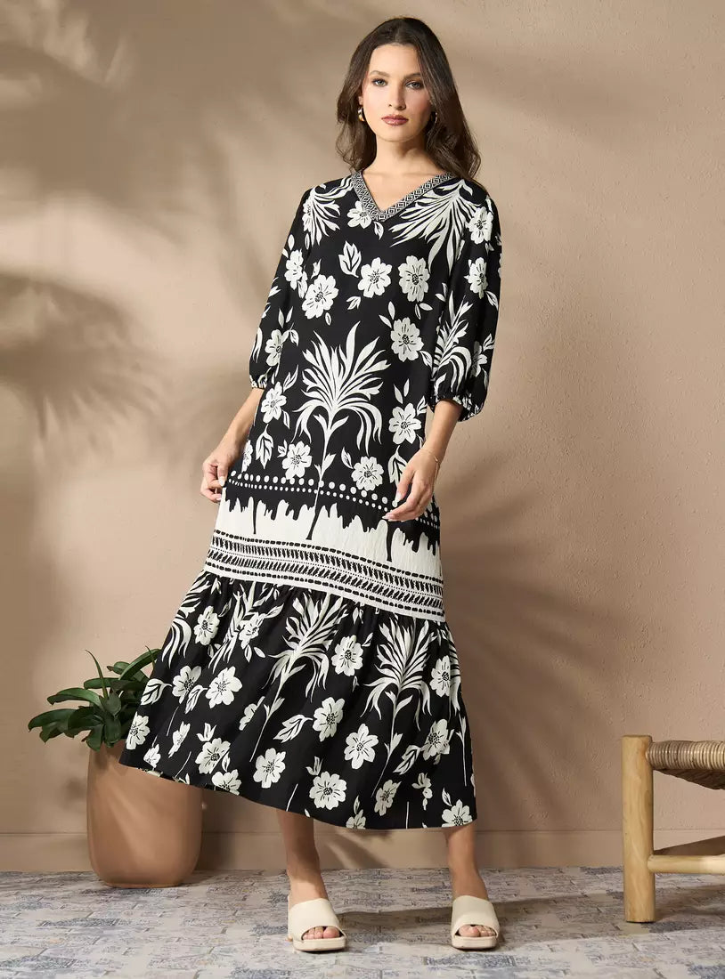 Max All-Over Floral Print V-Neck Linen Dress