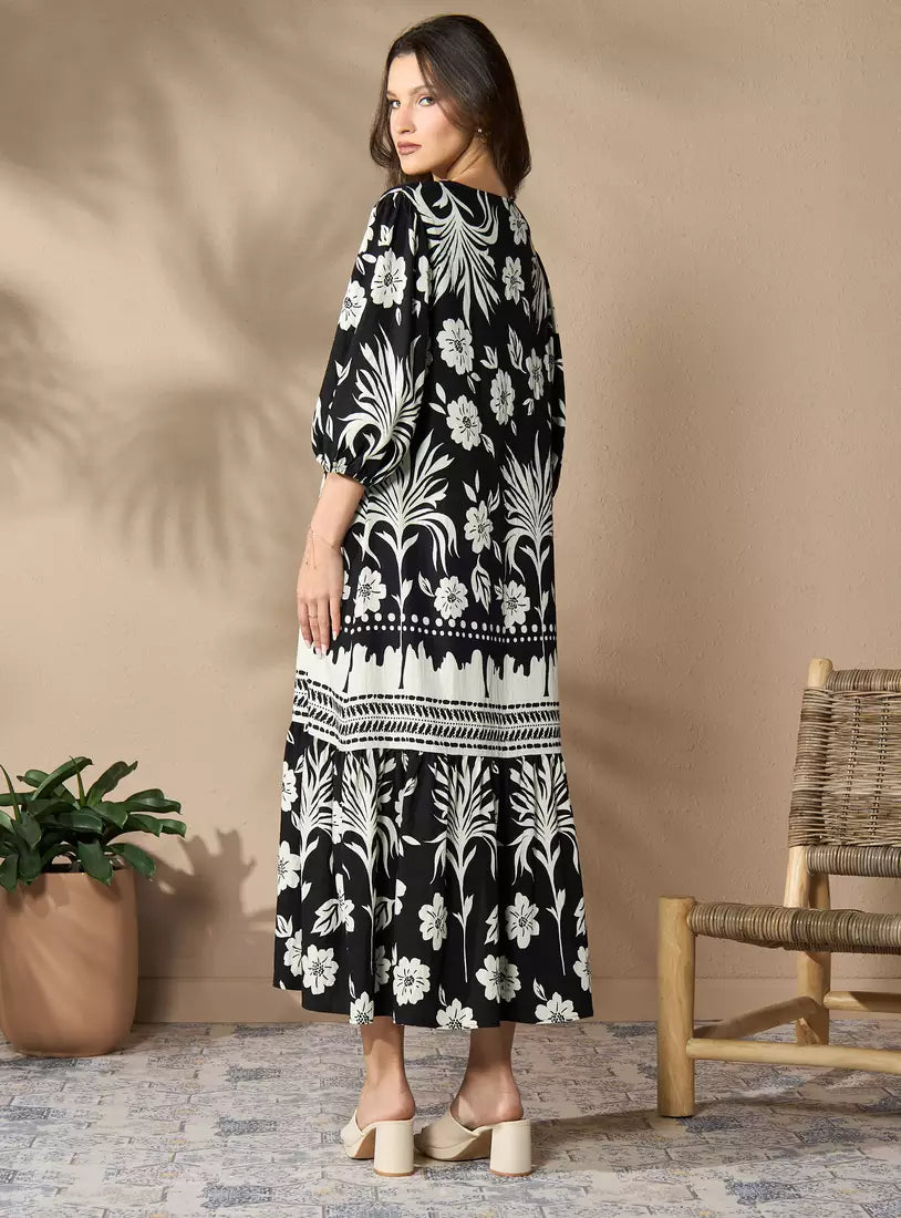 Max All-Over Floral Print V-Neck Linen Dress