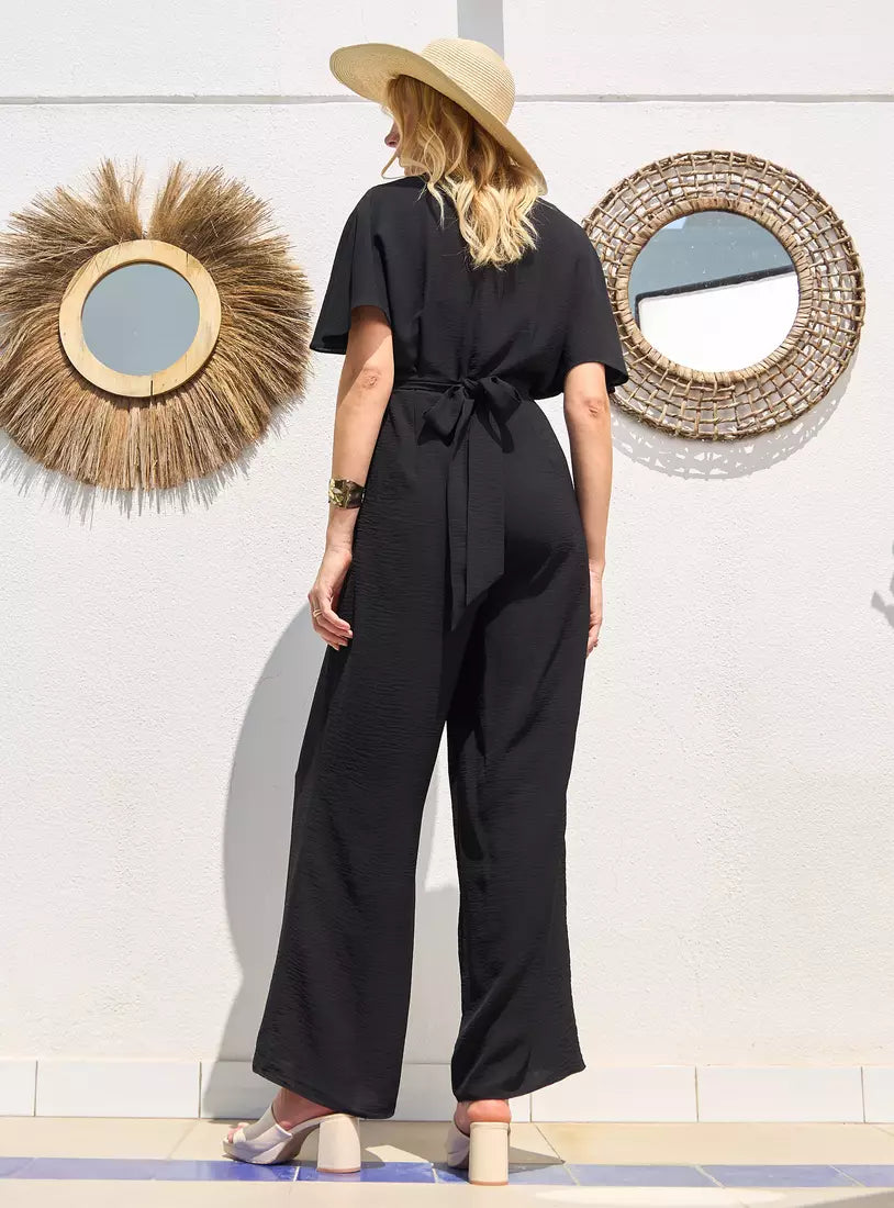 Max Textured V-neck Wrap Jumpsuit with Flutter Sleeves