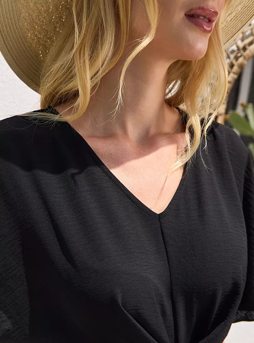 Max Textured V-neck Wrap Jumpsuit with Flutter Sleeves