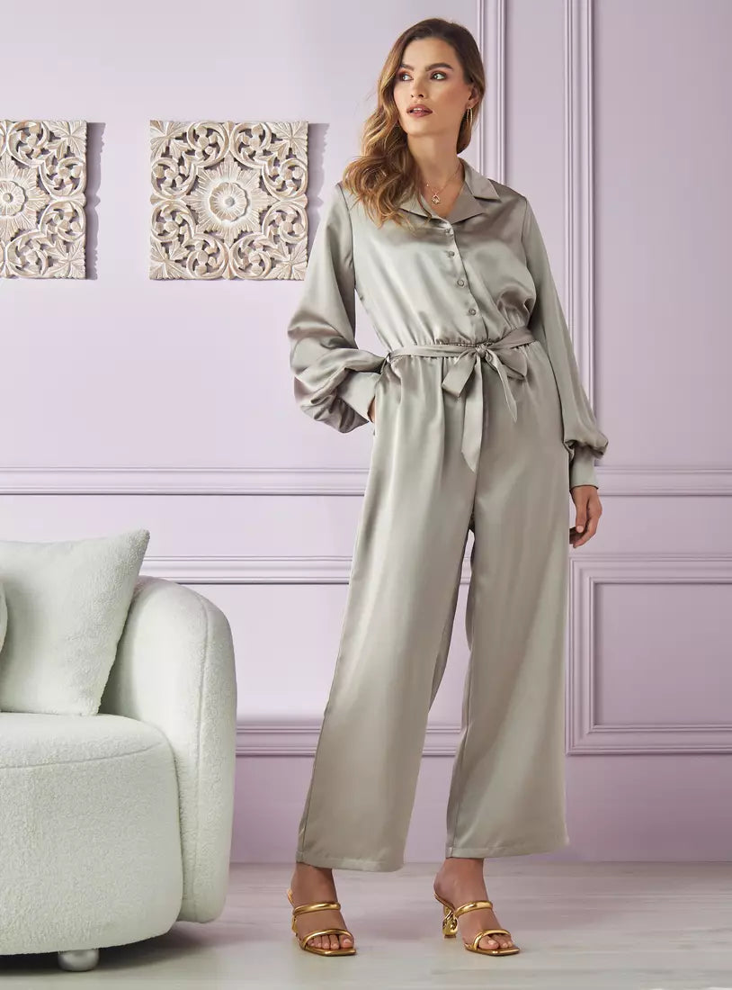 Max Satin Collared Jumpsuit with Tie-Up