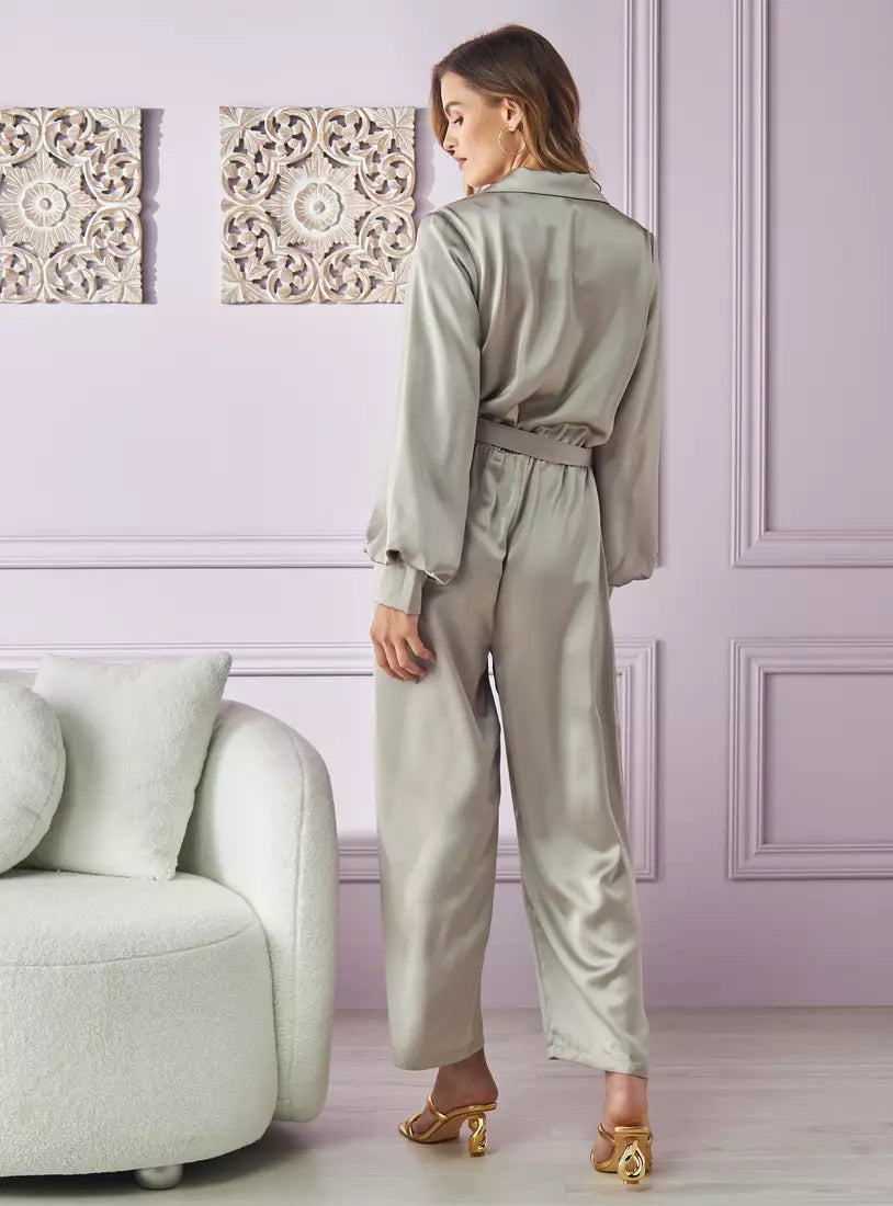 Max Satin Collared Jumpsuit with Tie-Up