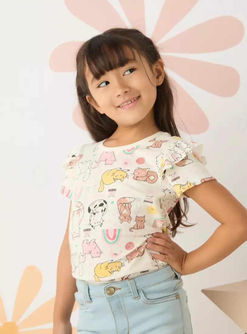 Max All-Over Cat Print T-shirt with Ruffle Detail