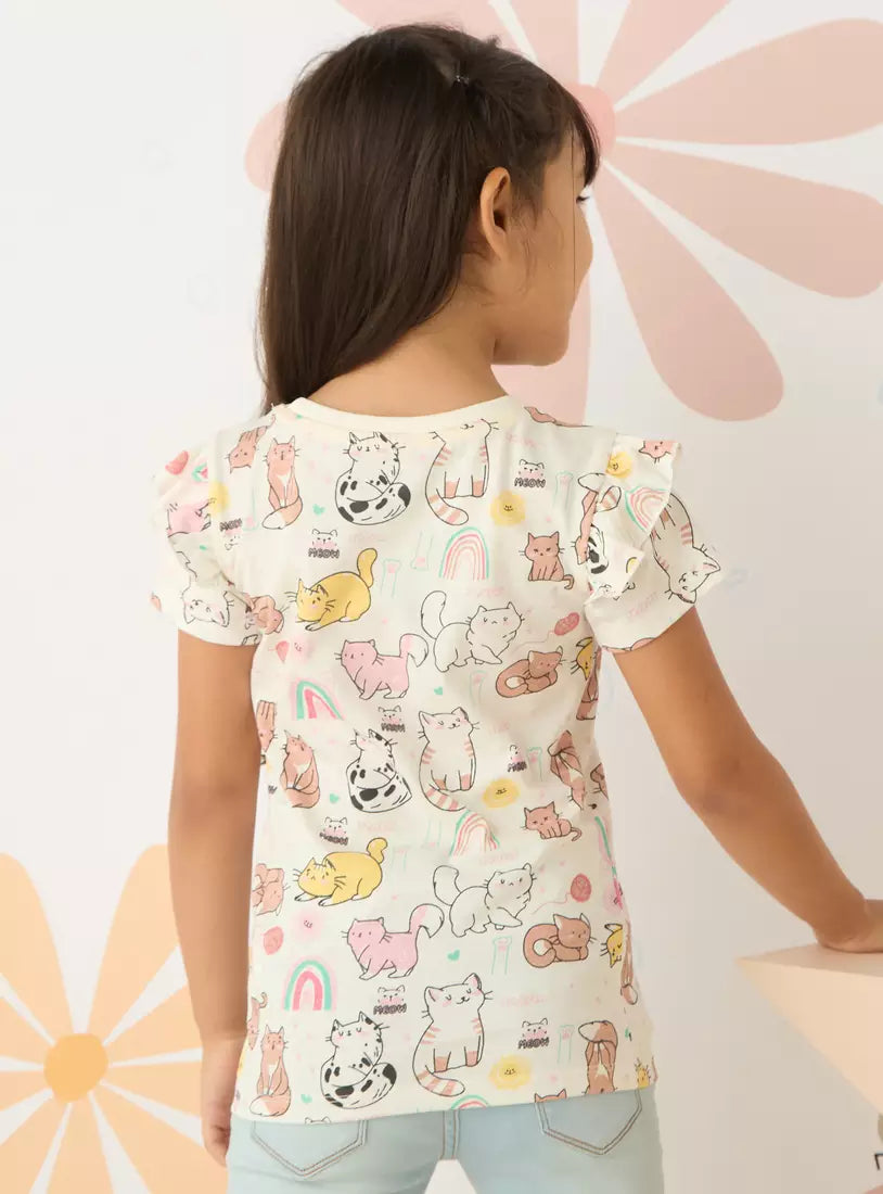 Max All-Over Cat Print T-shirt with Ruffle Detail