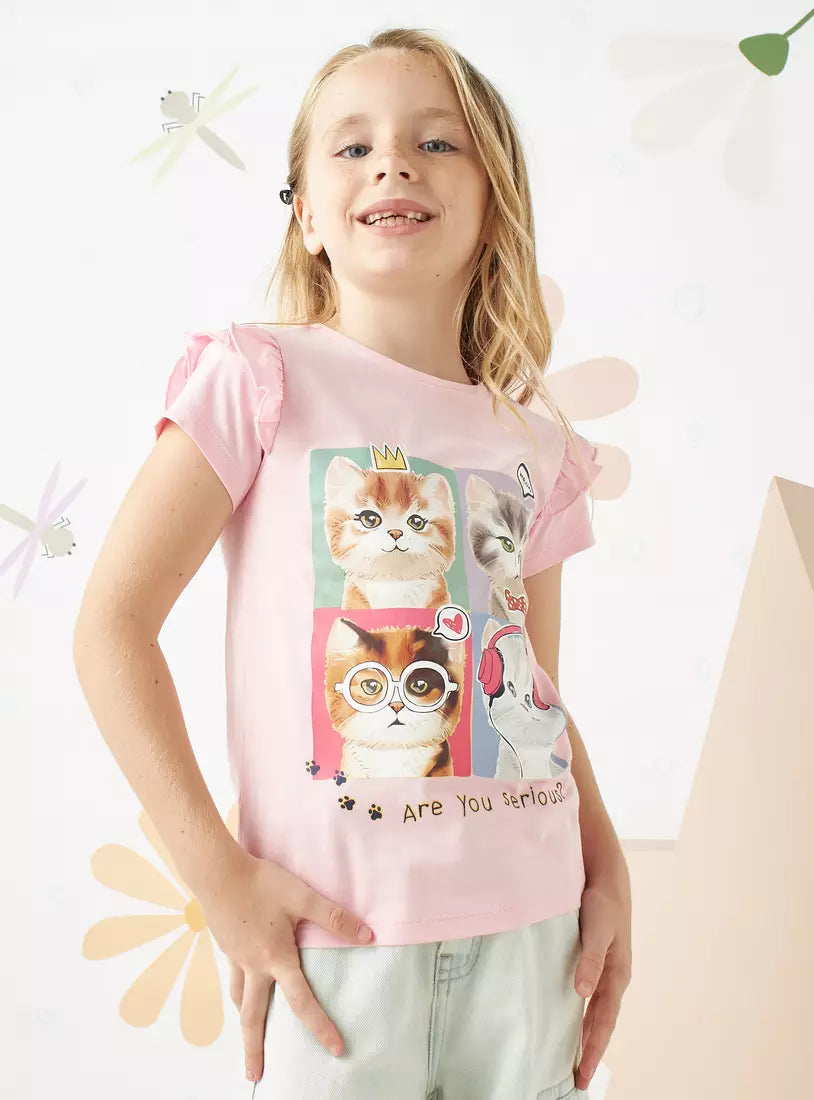 Max Cat Print Ruffle Detail T-shirt