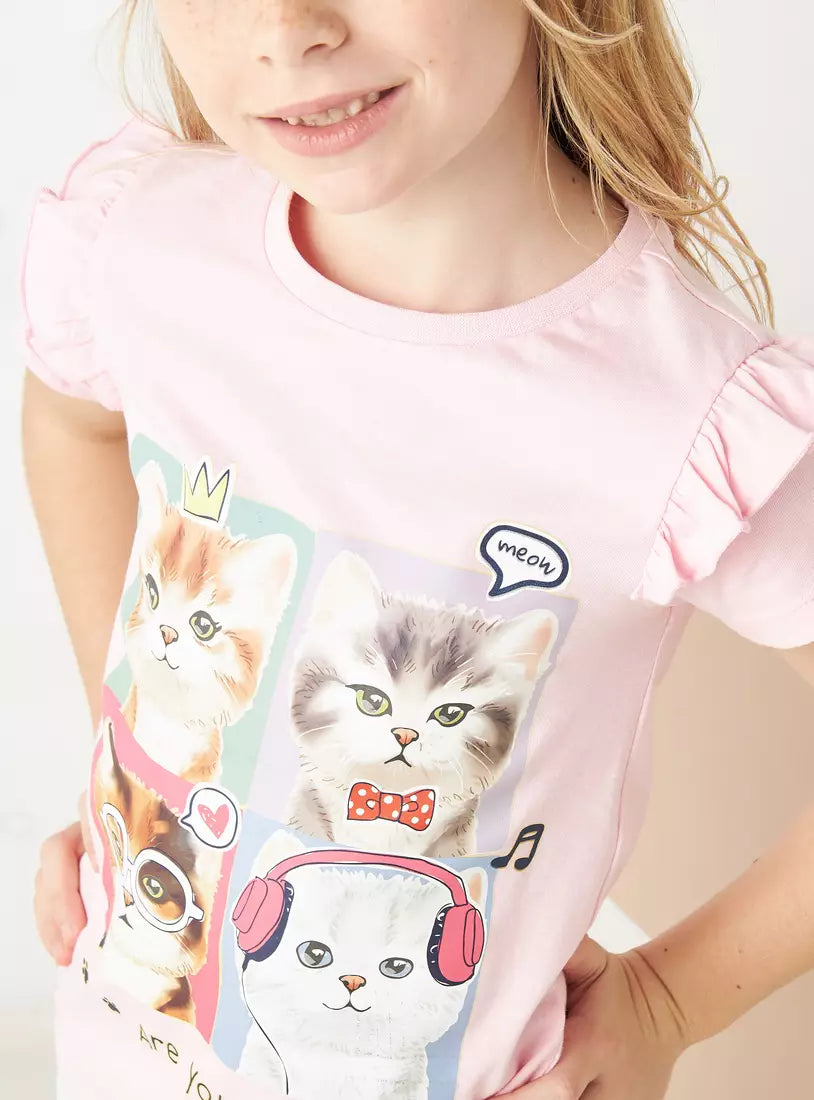 Max Cat Print Ruffle Detail T-shirt