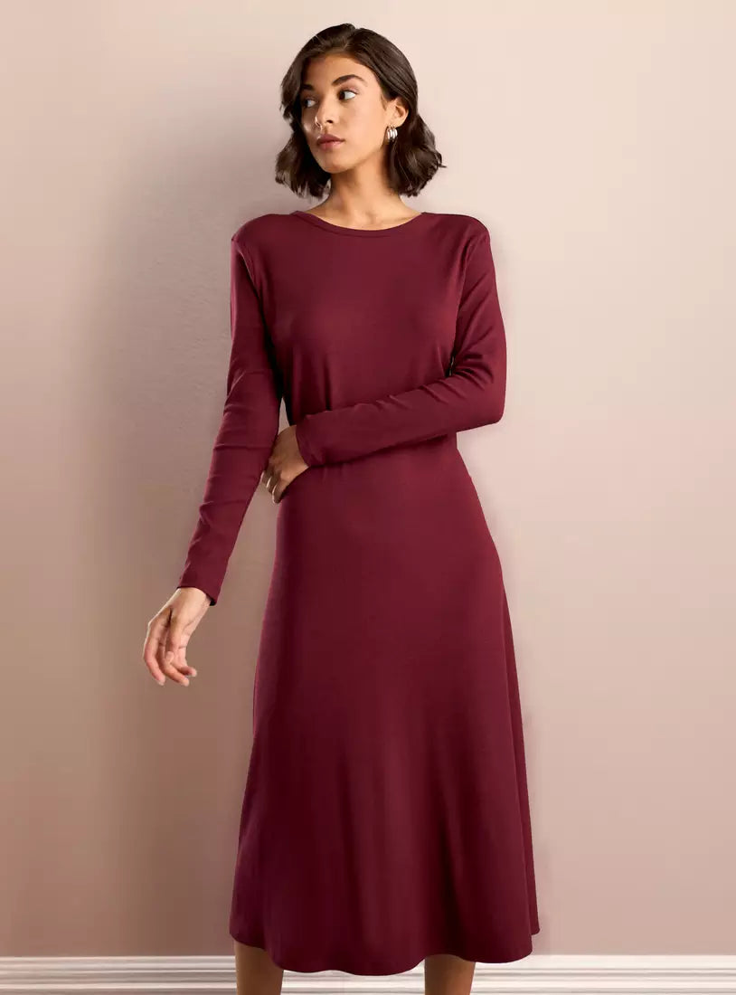 Max Ribbed Flared Midi Dress with Long Sleeves
