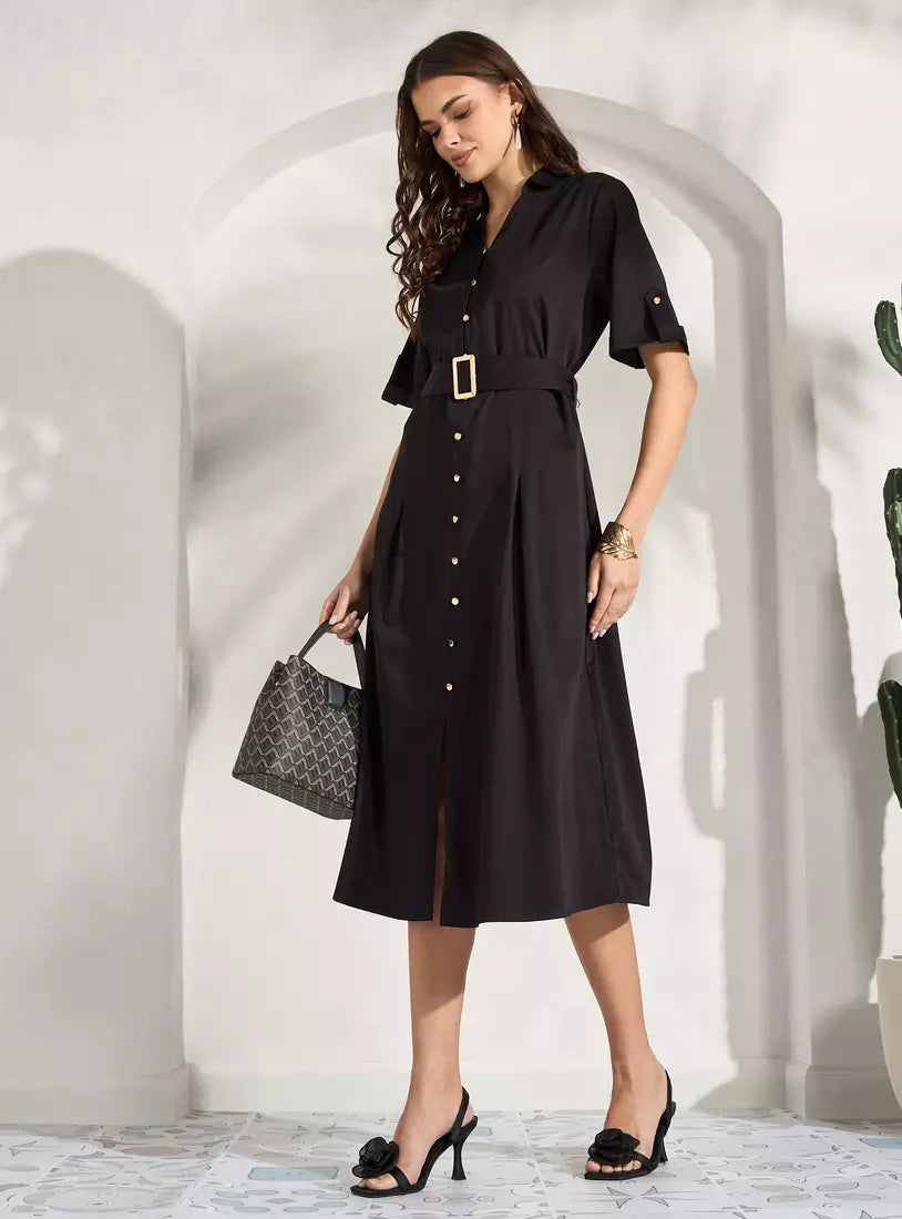 Max Poplin V-neck Dress with Belt