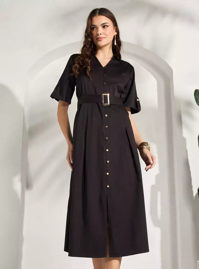 Max Poplin V-neck Dress with Belt
