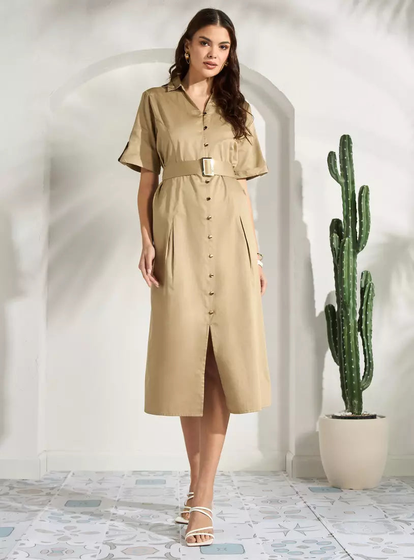 Max Poplin V-neck Dress with Belt