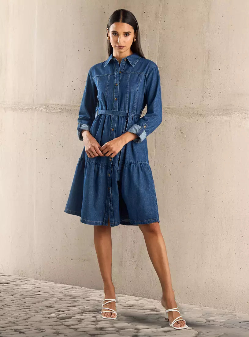 Max Plain Tiered Denim Dress with Tie Detail