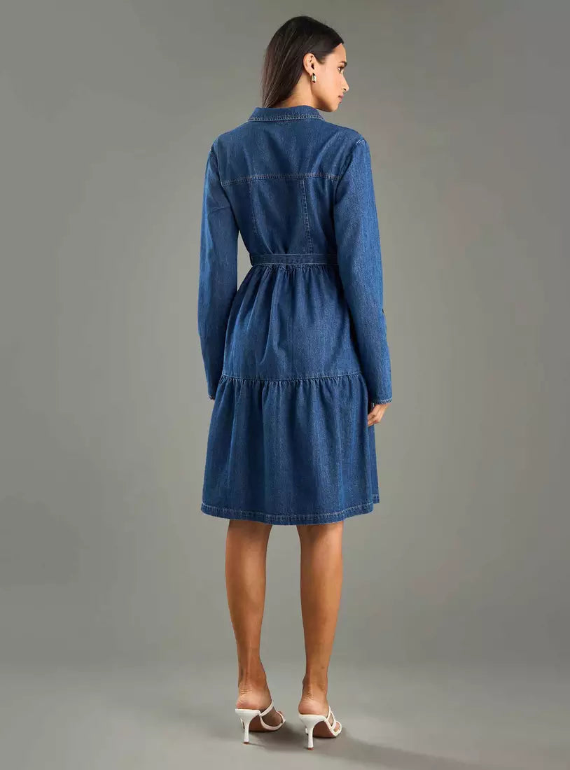 Max Plain Tiered Denim Dress with Tie Detail