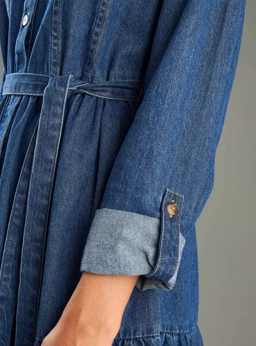 Max Plain Tiered Denim Dress with Tie Detail