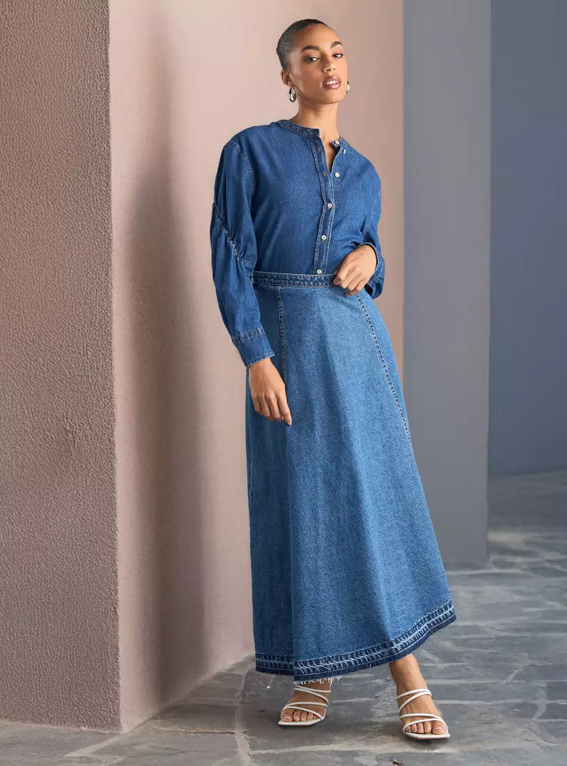 Max Plain Denim Shirt with Ruched Sleeves