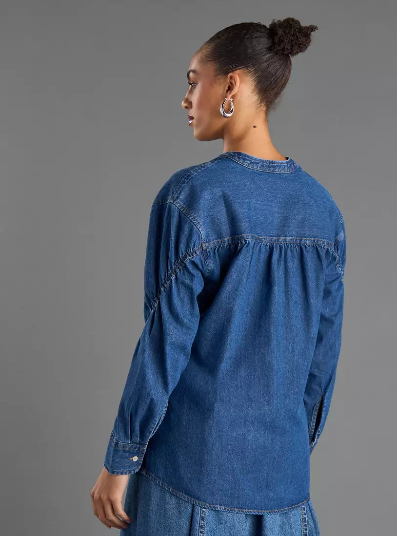 Max Plain Denim Shirt with Ruched Sleeves