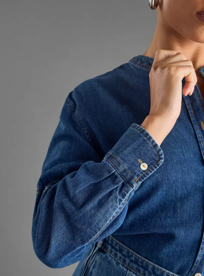 Max Plain Denim Shirt with Ruched Sleeves