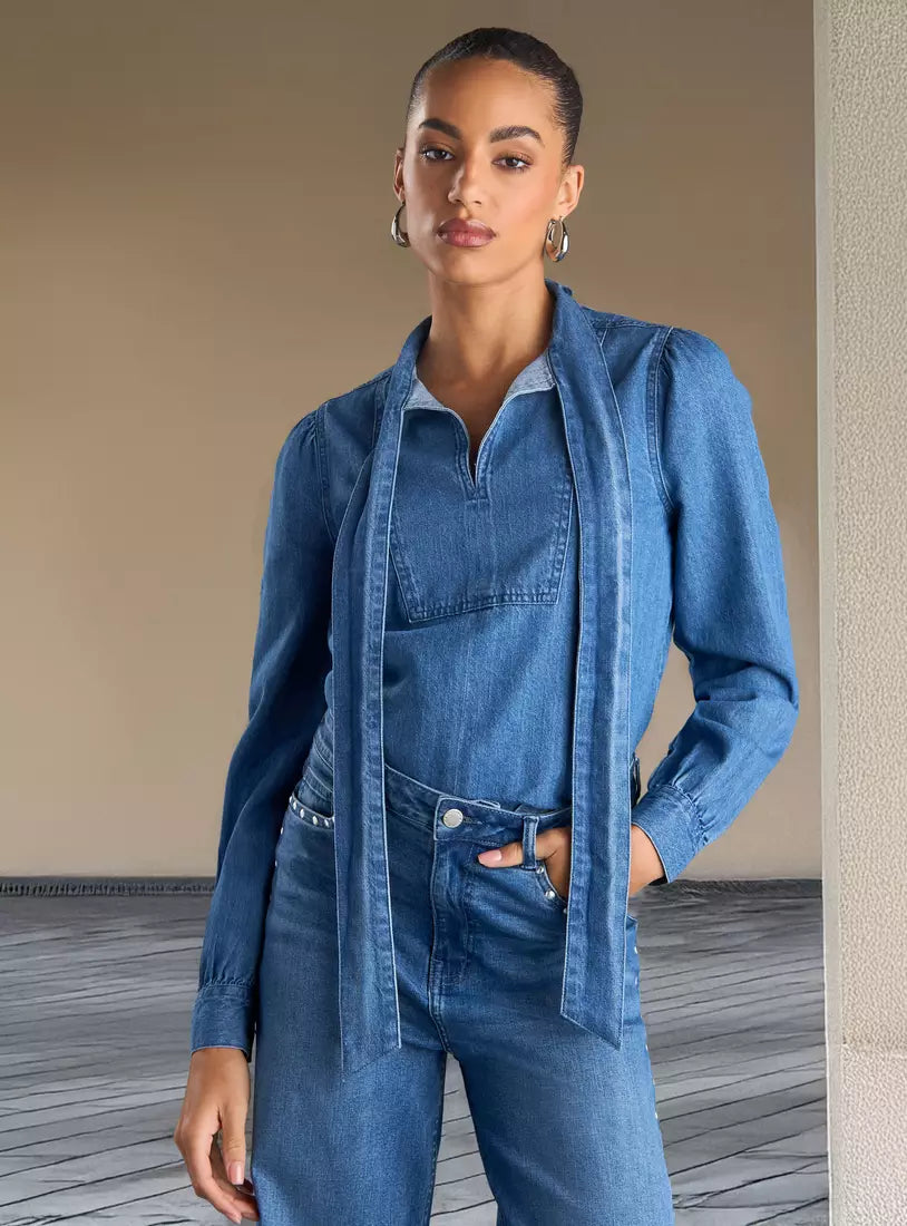 Max Plain Pussy Bow Neck Denim Top