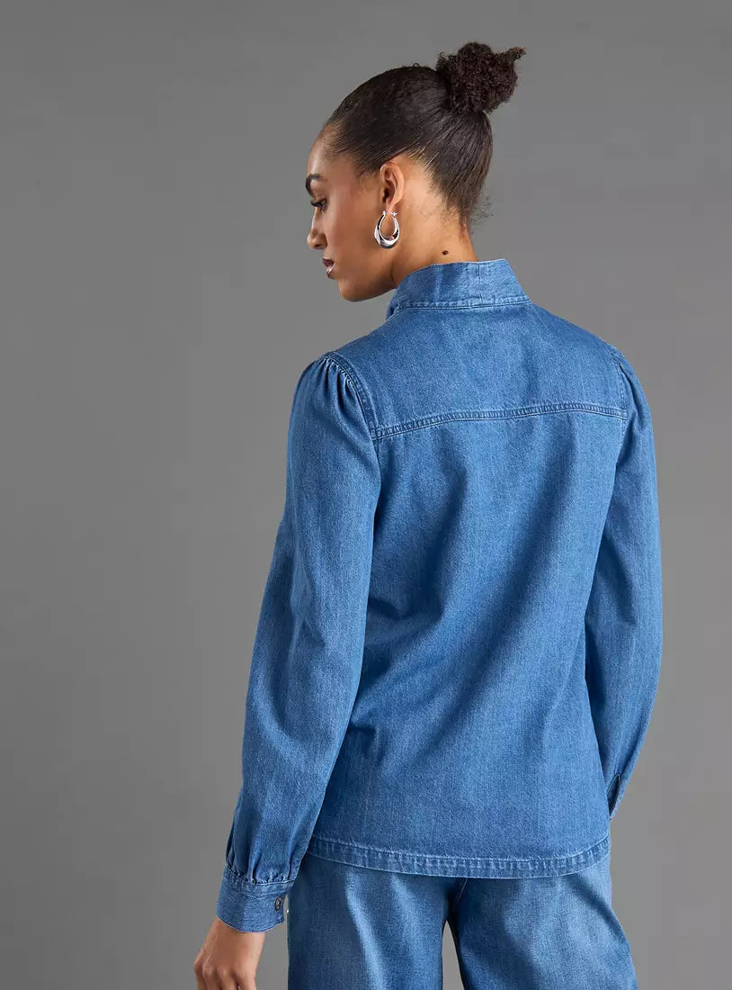 Max Plain Pussy Bow Neck Denim Top