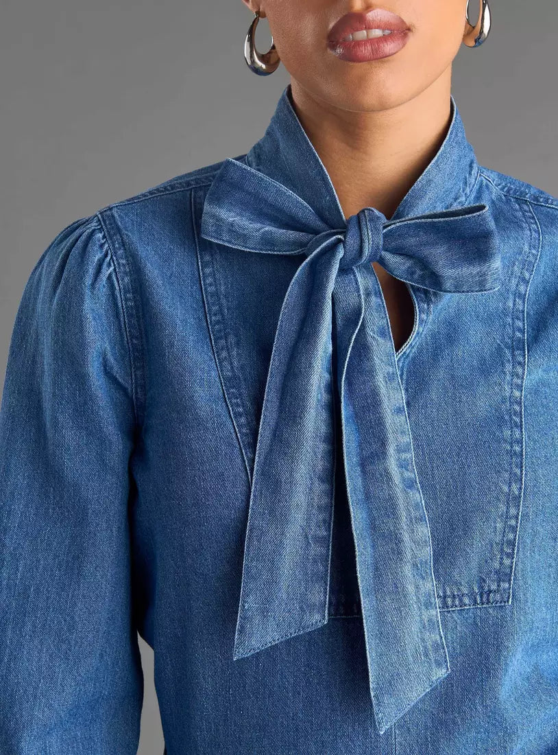 Max Plain Pussy Bow Neck Denim Top