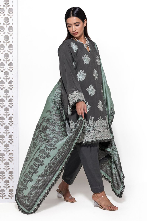 Khaadi Embroidered Dull Raw Silk Fabrics 3 Piece