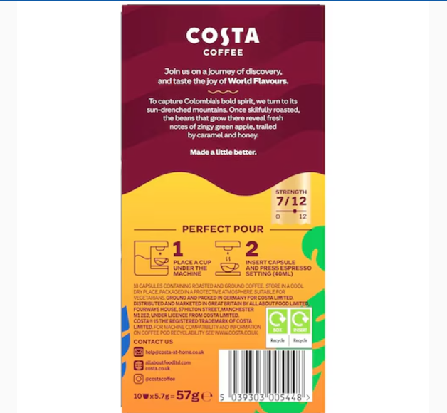 Costa Coffee Colombian Single Origin Espresso Coffee 10 Capsules