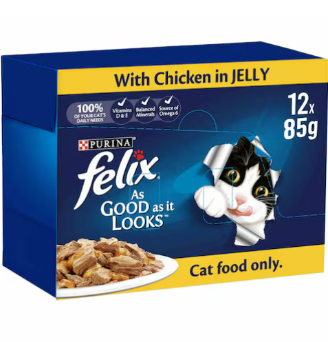 Purina Felix As Good As It Looks Adult Cat Food with Chicken in Jelly 85g Pack of 12