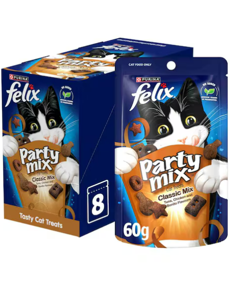 Felix Party Mix Classic Mix Dry Cat Treats 60g Pack of 8