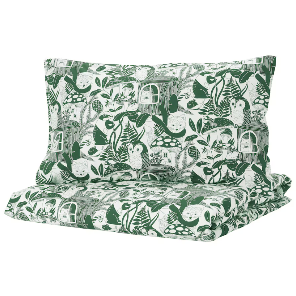 IKEA Duvet Cover & Pillowcase - White Green/Forest Pattern