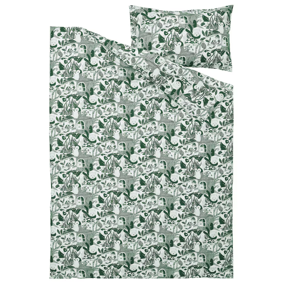 IKEA Duvet Cover & Pillowcase - White Green/Forest Pattern