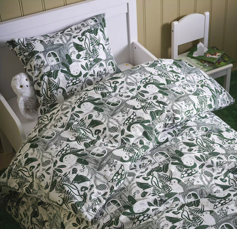 IKEA Duvet Cover & Pillowcase - White Green/Forest Pattern