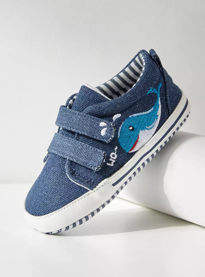 Max Whale Embroidered Canvas Booties with Hook and Loop Closure