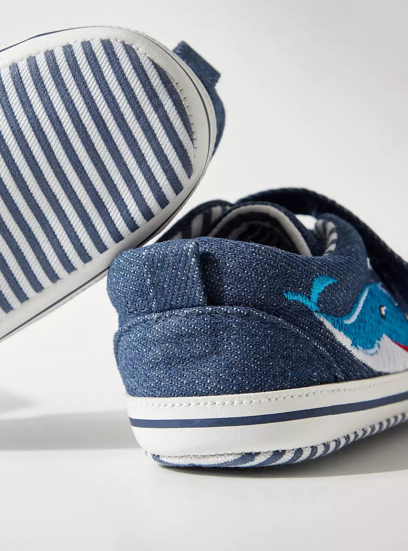 Max Whale Embroidered Canvas Booties with Hook and Loop Closure