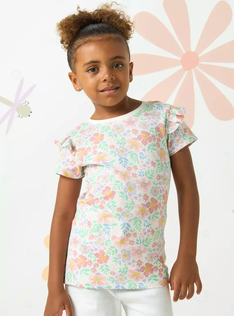 Max All-Over Floral Print Cotton T-shirt with Ruffle Detail
