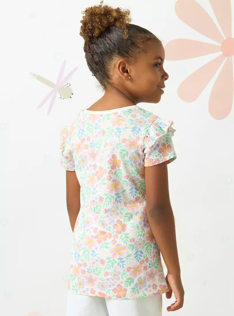Max All-Over Floral Print Cotton T-shirt with Ruffle Detail
